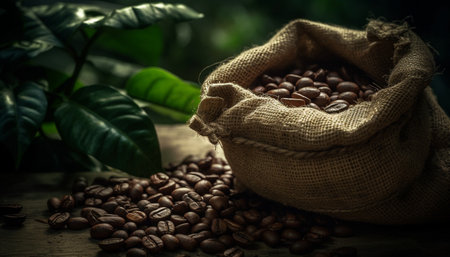 Dark roasted coffee beans in burlap sack, perfect for caffeine addiction generated by artificial intelligenceの素材