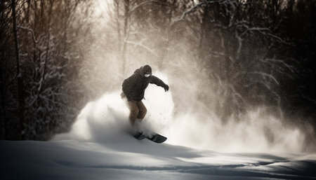 Muscular snowboarder races down mountain, determined to win competition generated by artificial intelligenceの素材