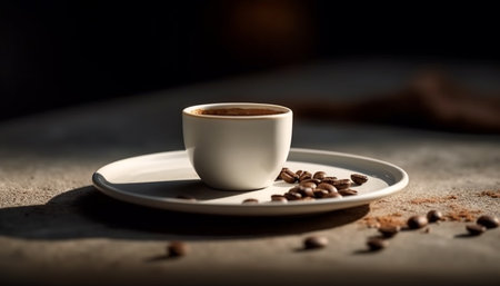 A hot, frothy cappuccino on a rustic coffee table generated by artificial intelligenceの素材