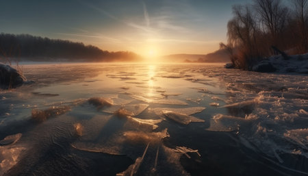 A tranquil scene of a frozen pond reflects the sunset generated by artificial intelligenceの素材