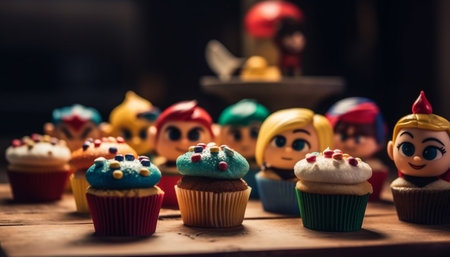 A cute, homemade cupcake collection in a row on table generated by artificial intelligenceの素材