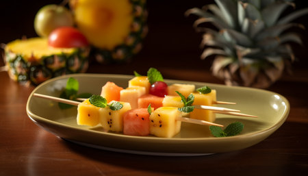 Fresh gourmet fruit salad on wooden plate, healthy summer refreshment generated by artificial intelligenceの素材