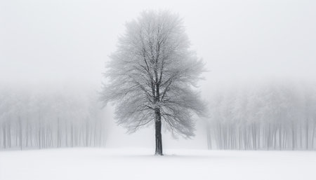 A tranquil winter landscape: snow covered trees in a foggy forest generated by artificial intelligenceの素材