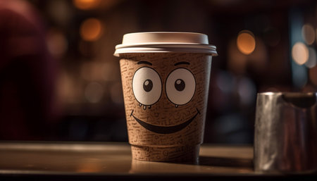 Smiling adult holding cute coffee cup, enjoying hot cappuccino indoors generated by artificial intelligenceの素材