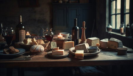 A rustic gourmet meal with organic bread and French wine generated by artificial intelligenceの素材