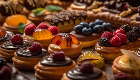 Indulgent gourmet dessert: raspberry cheesecake with chocolate and berry variations generated by artificial intelligenceの素材