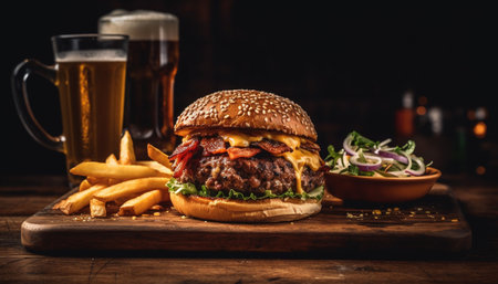 Grilled cheeseburger and fries, a classic American pub meal generated by artificial intelligenceの素材