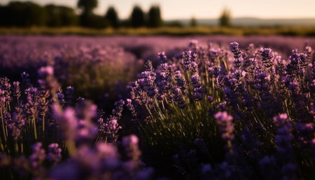 Sunset over Valensole multi colored meadows, a scented summer paradise generated by artificial intelligenceの素材
