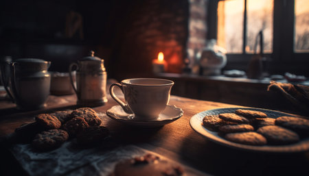 A rustic coffee cup on a wood saucer, homemade indulgence generated by artificial intelligenceの素材