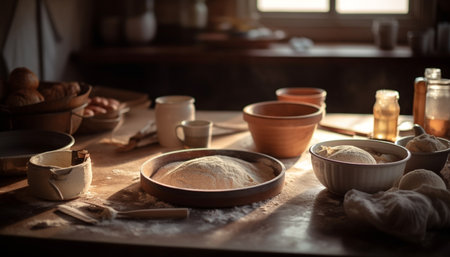 Freshly baked bread on rustic wooden table, homemade with love generated by artificial intelligenceの素材