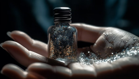 A caucasian hand holding a shiny blue nail polish bottle generated by artificial intelligenceの素材