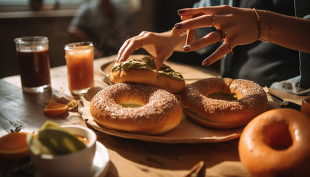 Indulgent brunch: homemade bagel, donut, and chocolate icing refreshment generated by artificial intelligenceの素材