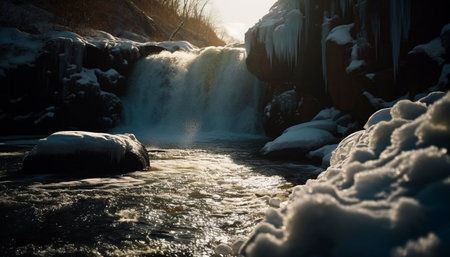 Majestic mountain range, tranquil scene, flowing water, beauty in nature generated by artificial intelligenceの素材