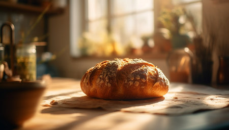 Freshly baked homemade bread on rustic wooden table indoors generated by artificial intelligenceの素材