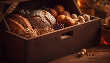 Rustic homemade baguette baked with organic wholegrain flour indoors generated by artificial intelligenceの素材