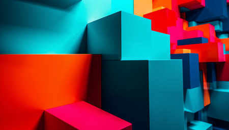 A futuristic, geometric shape poster with vibrant colors and patterns generated by artificial intelligenceの素材