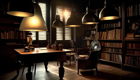 Modern library with elegant bookshelf, comfortable arm chair, and illuminated lamp generated by artificial intelligenceの素材