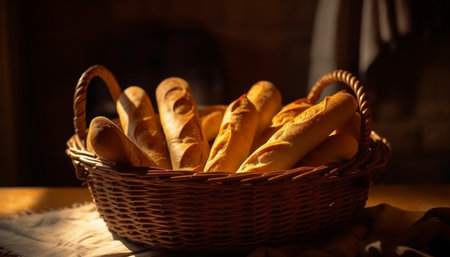 A rustic basket of French baked goods, perfect for lunch generated by artificial intelligenceの素材
