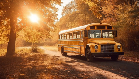 A yellow school bus drives through a rural autumn landscape generated by artificial intelligenceの素材