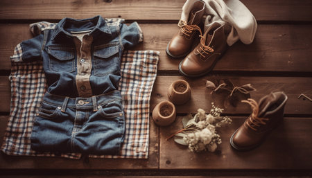 Modern men fashion denim pants and leather belt on rustic flooring generated by artificial intelligenceの素材