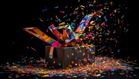 Flying package of joy explodes with glitter in celebration generated by artificial intelligenceの素材
