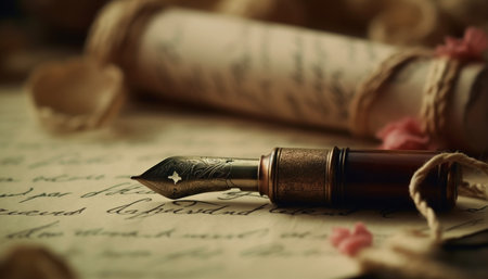 Antique quill pen on parchment, a rustic still life celebration generated by artificial intelligenceの素材