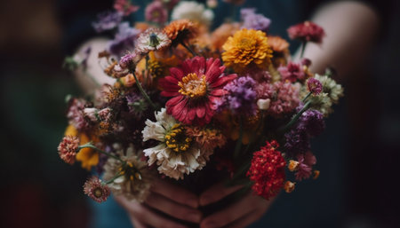 The florist bouquet held a wildflower pattern of multi colored petals generated by artificial intelligenceの素材