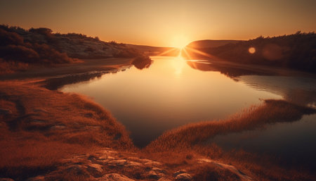 A tranquil sunset silhouette over a rural meadow pond generated by artificial intelligenceの素材