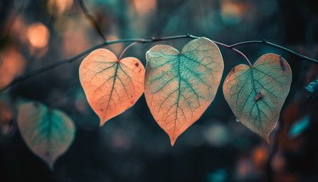 Vibrant autumn foliage on a defocused forest background in October generated by artificial intelligenceの素材
