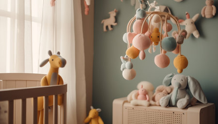 A playful donkey and rocking horse decorate a cheerful bedroom generated by artificial intelligenceの素材