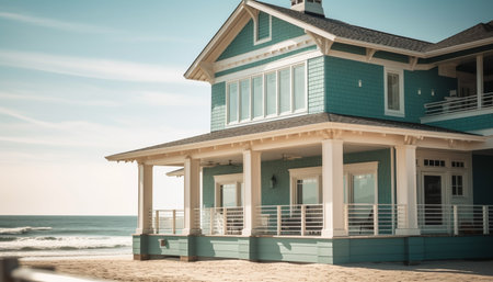 A modern bungalow with a wooden porch overlooking the coastline generated by artificial intelligenceの素材