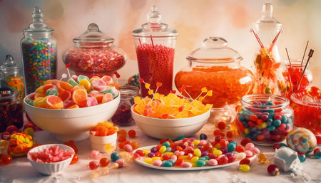 A vibrant collection of multi colored jellybeans in a festive bowl generated by artificial intelligenceの素材