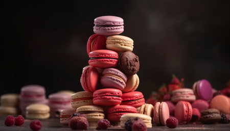 A gourmet French macaroon stack, a sweet indulgence of colors generated by artificial intelligenceの素材