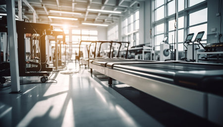 Modern gym machinery and steel equipment for healthy lifestyles generated by artificial intelligenceの素材