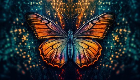 The vibrant butterfly multi colored wings illuminate the dark outdoors generated by artificial intelligenceの素材