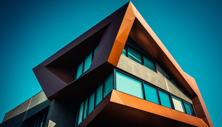 Futuristic skyscraper reflects vibrant city life with abstract geometric shapes generated by artificial intelligenceの素材