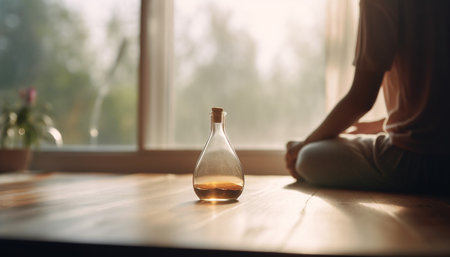 A young adult holding a wine bottle, looking at the drop generated by artificial intelligenceの素材