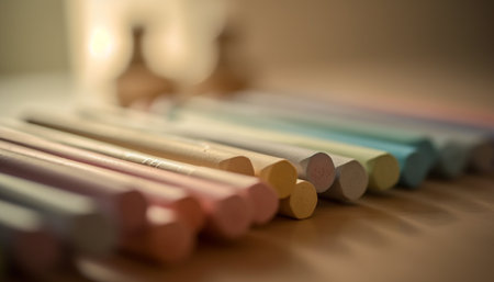 A colorful stack of crayons in a row on table generated by artificial intelligenceの素材
