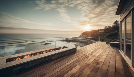 A tranquil scene at a modern tourist resort on the coastline generated by artificial intelligenceの素材