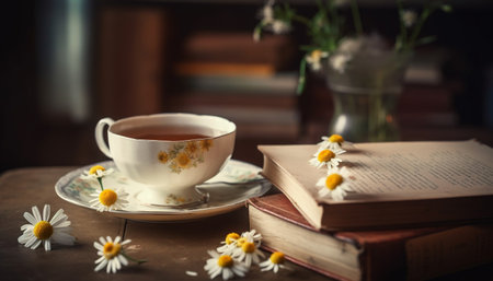 A rustic table with a book, coffee, and flowers nearby generated by artificial intelligenceの素材
