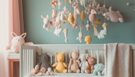 Cute baby rabbit playing with colorful stuffed toys in nursery generated by artificial intelligenceの素材