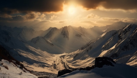 Tranquil scene at dawn majestic snowcapped mountain in panoramic landscape generated by artificial intelligenceの素材