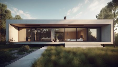 Modern luxury home with swimming pool, elegant architecture and nature generated by artificial intelligenceの素材