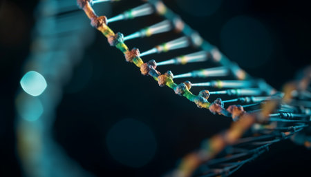 Futuristic computer chip pattern glows with multi colored molecular structure generated by artificial intelligenceの素材
