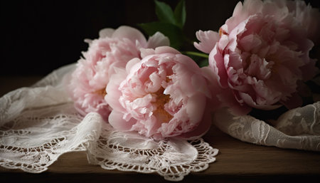 Romantic peony bouquet adds elegance to rustic antique table decor generated by artificial intelligenceの素材