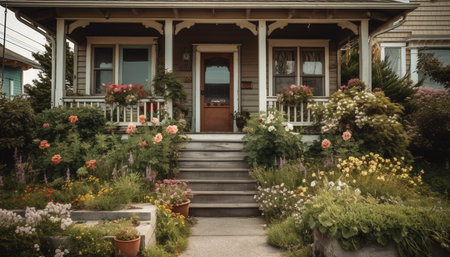 A rustic cottage with a multi colored flower pot on the porch generated by artificial intelligenceの素材