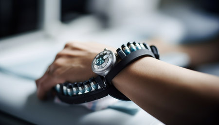 Businesswoman holding smart phone, watching time on wristwatch indoors generated by artificial intelligenceの素材