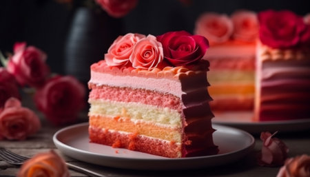 A decadent slice of homemade cheesecake with fresh strawberry decoration generated by artificial intelligenceの素材