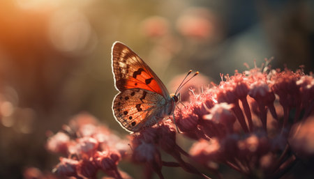 The fragile beauty of a multi colored butterfly in nature elegance generated by artificial intelligenceの素材