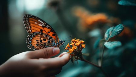 The fragile butterfly vibrant wings touched the human hand gently generated by artificial intelligenceの素材